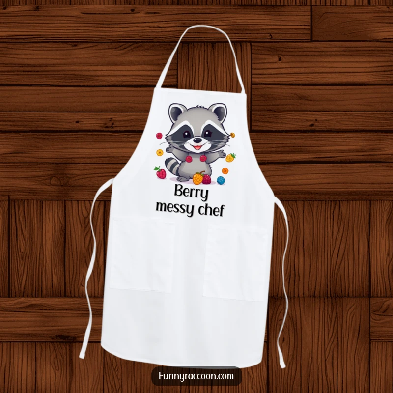 Funny raccoon apron, a mischievous masked face, juggling colorful berries while cooking, practical and humorous kitchen wear.