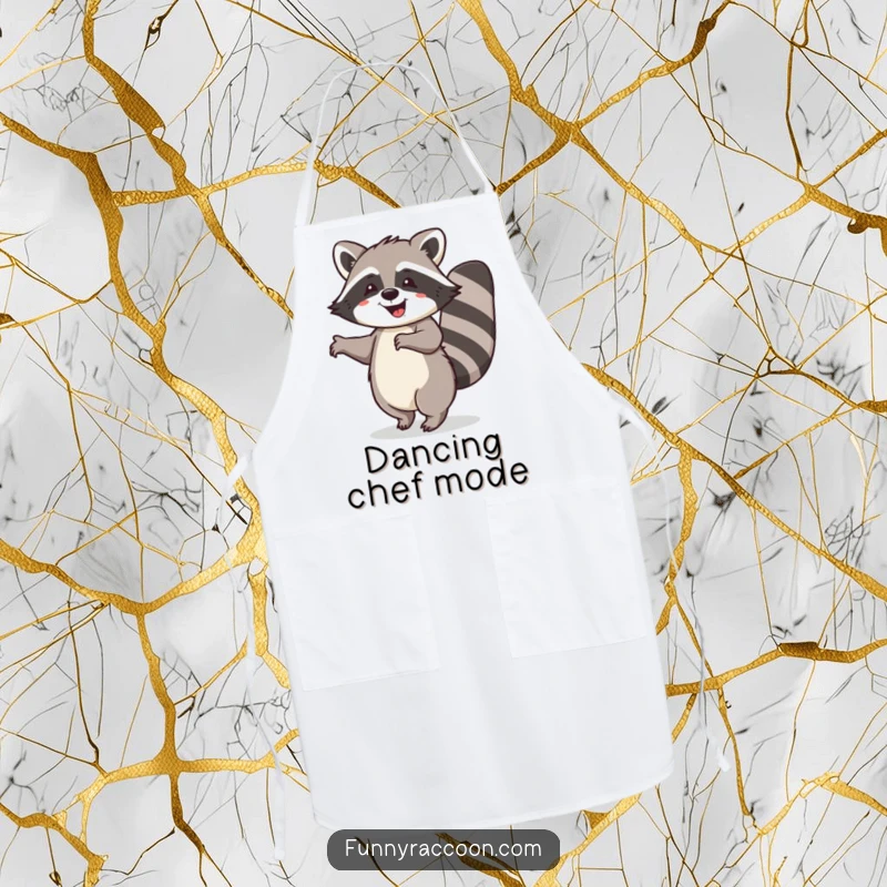 Funny raccoon apron, bushy tail curled, performing a happy dance, practical and humorous kitchen wear for aspiring chefs.