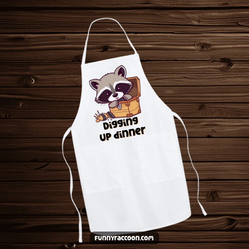 Funny raccoon apron showing a masked raccoon digging for culinary treasures in the kitchen.