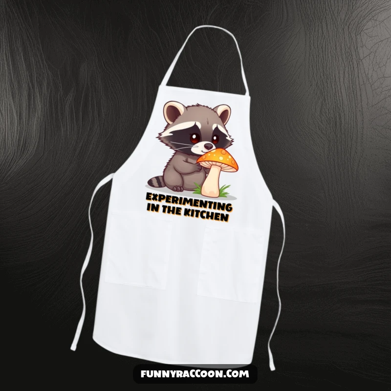 Funny raccoon with a curious expression is shown on an apron, examining a large, brightly colored mushroom, adding kitchen humor.