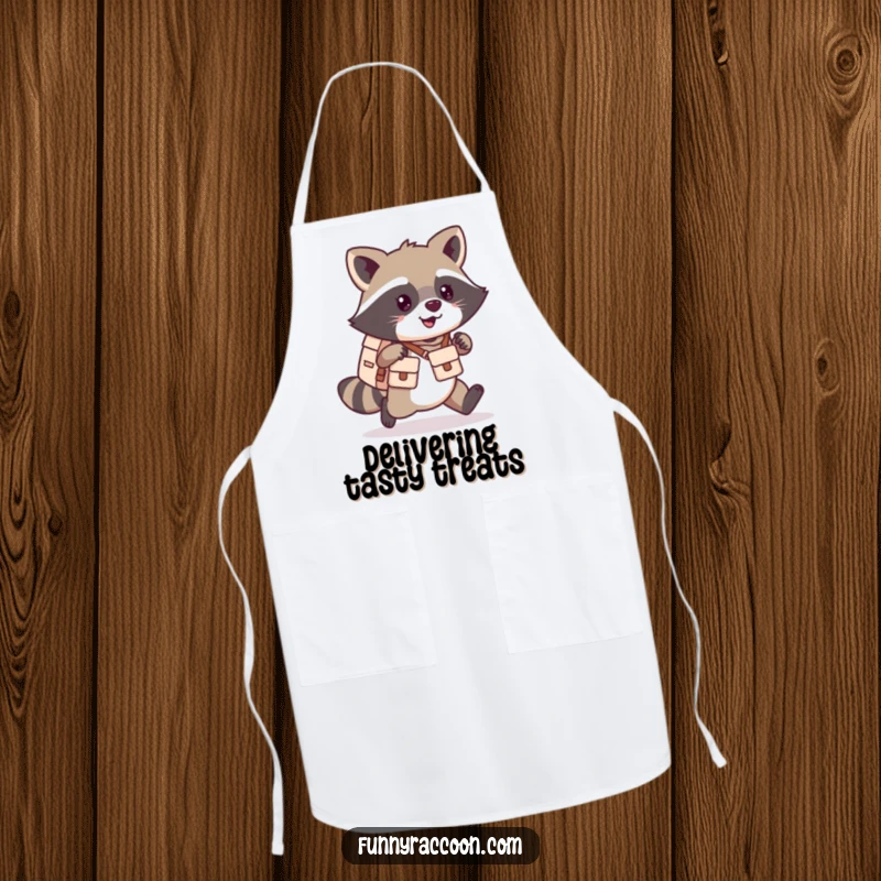 Funny kawaii raccoon apron showing a happy raccoon in mail carrier gear, ready to serve.