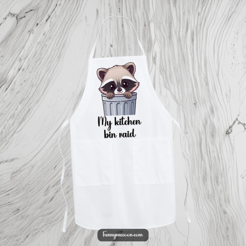 Funny kawaii raccoon apron, a cute raccoon peeking curiously out of a trash can, bringing charm to kitchen tasks.