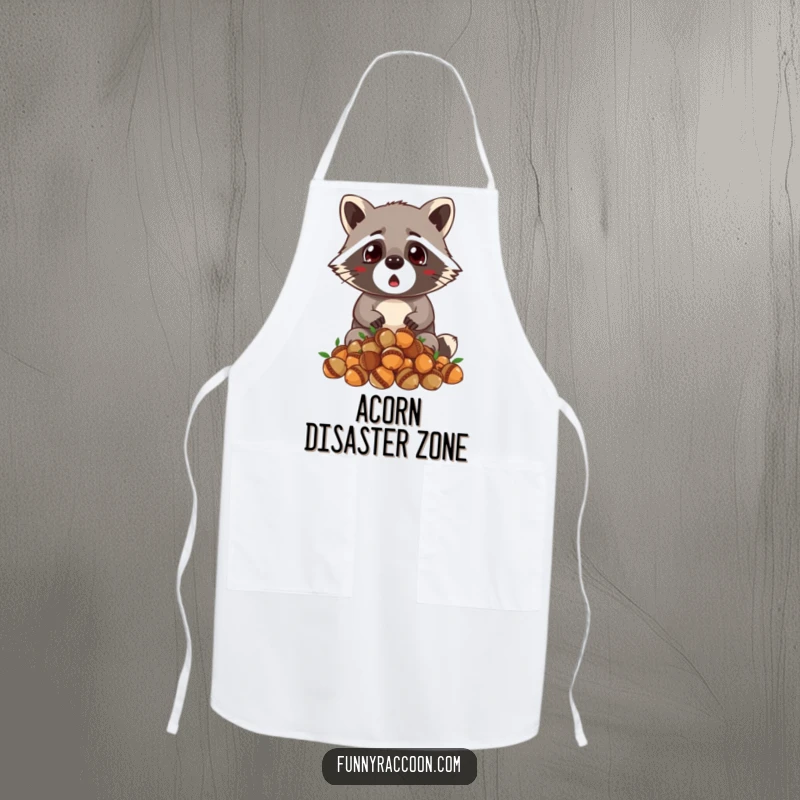 Funny raccoon apron, wide-eyed surprise, dropping acorns, tiny ears alert, practical and humorous kitchen wear for chefs.