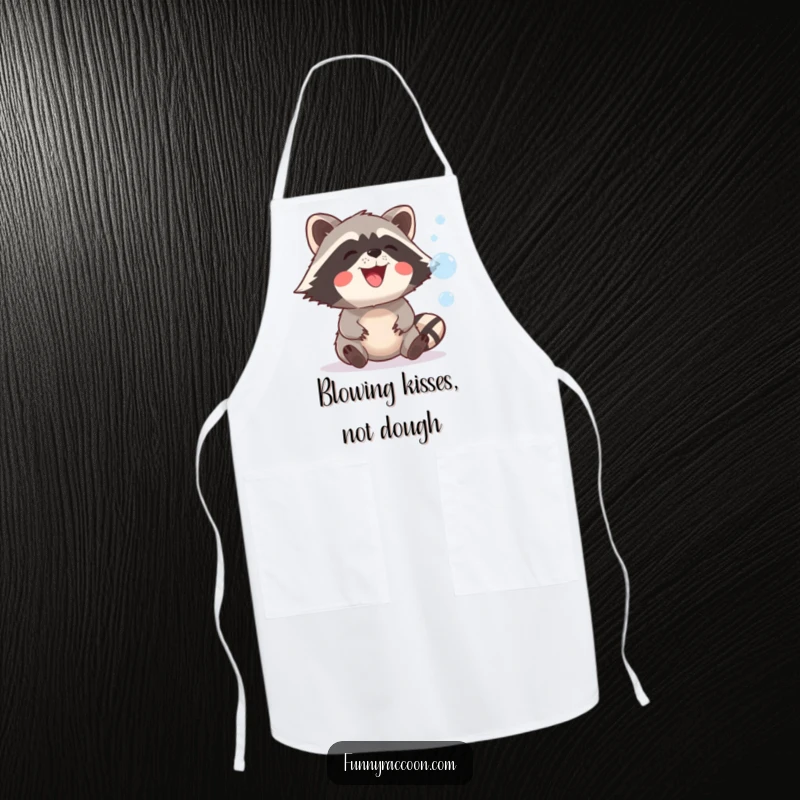 Funny raccoon with a gleeful grin is shown on an apron, trying to catch floating bubbles, adding humor to kitchen tasks.