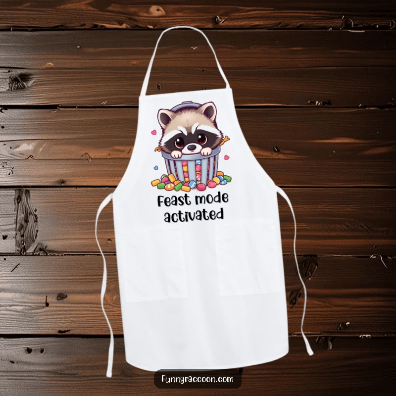 Funny raccoon apron showing a fluffy raccoon peeking from a candy-filled trash can, a humorous and practical accessory.