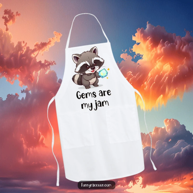 Funny Raccoon Apron: A raccoon in a chef's hat grins mischievously, attempting to steal a gem, perfect for kitchen humor.