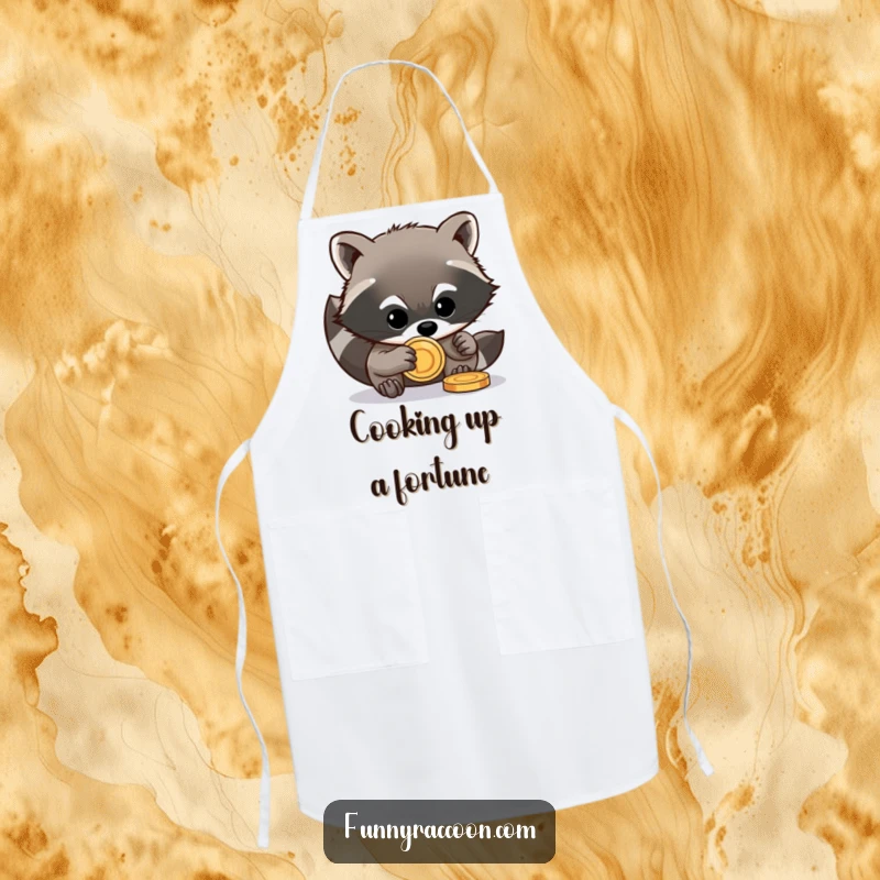 Funny raccoon apron showing a mischievous raccoon attempting to steal a shiny coin, a humorous and practical accessory.