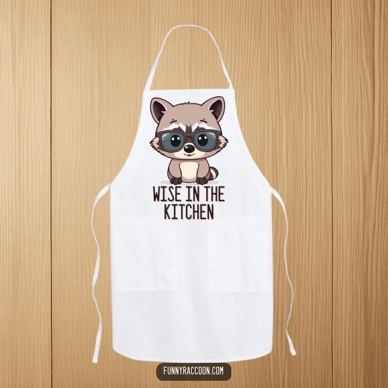 Funny raccoon comically wearing oversized glasses is shown on an apron, adding a touch of intellectual humor to kitchen tasks.