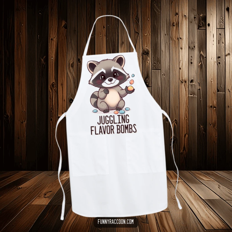 Funny apron illustrating a cute raccoon skillfully juggling shiny pebbles, perfect for adding humor to kitchen tasks and cooking.