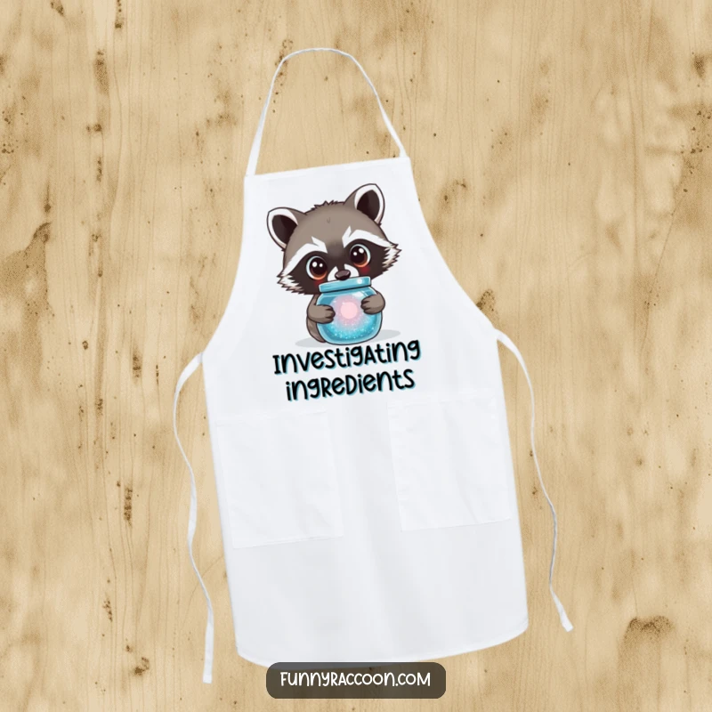 Funny raccoon apron showing a curious raccoon peering into a sparkling jar while cooking.