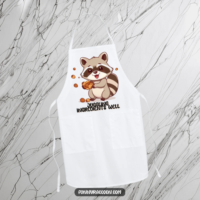 Funny raccoon apron, a happy raccoon joyfully juggling acorns, bringing playful skill and charm to kitchen tasks.
