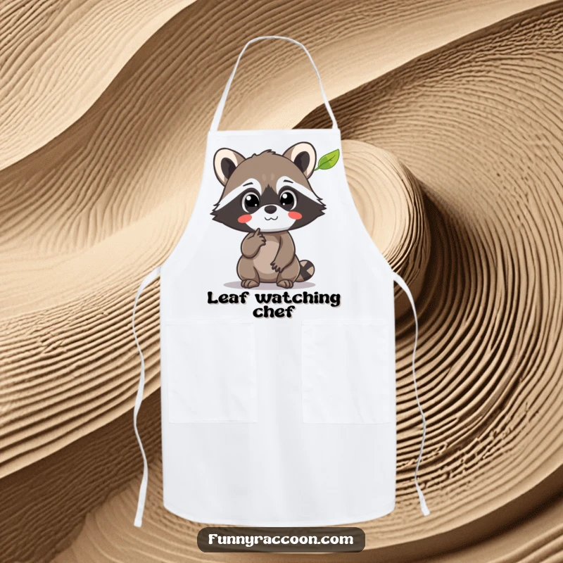 Funny Raccoon Apron: A raccoon with amazed eyes points at a floating leaf, perfect for garden or kitchen fun.