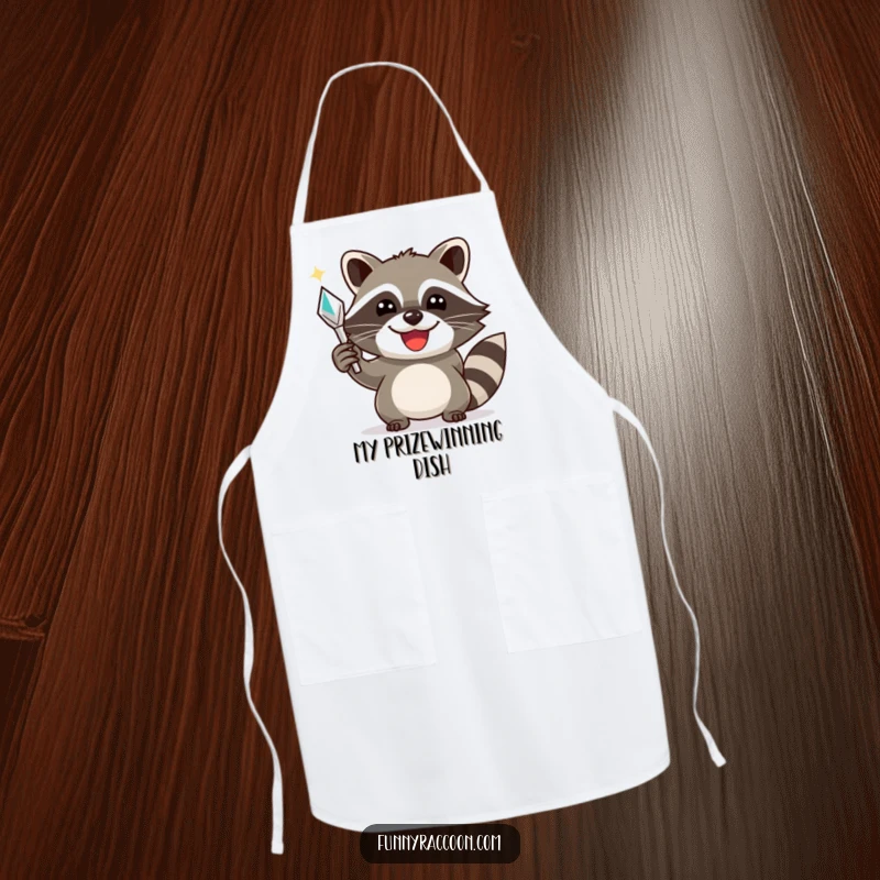 Funny raccoon apron, a smiling raccoon triumphantly holding a shiny object, bringing success and charm to kitchen tasks.