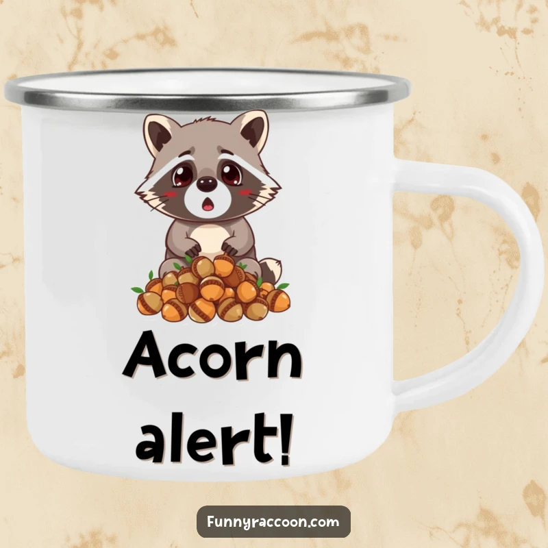Funny raccoon camping mug, wide-eyed surprise, dropping acorns, tiny ears perked, durable and humorous for outdoor enthusiasts.