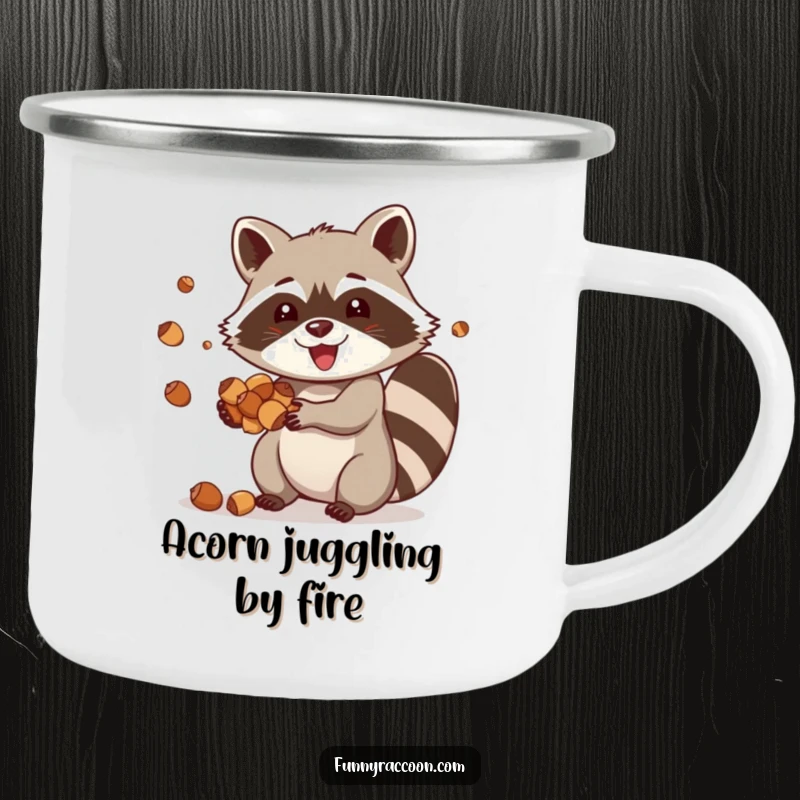 Funny raccoon camping mug, a happy raccoon joyfully juggling acorns, designed for outdoor skill and fun.