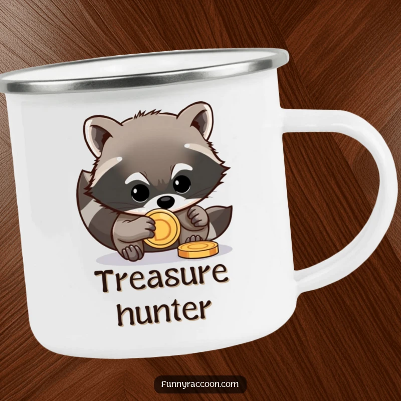 Funny raccoon camping mug showing a mischievous raccoon stealing a shiny coin, ideal for outdoor use.