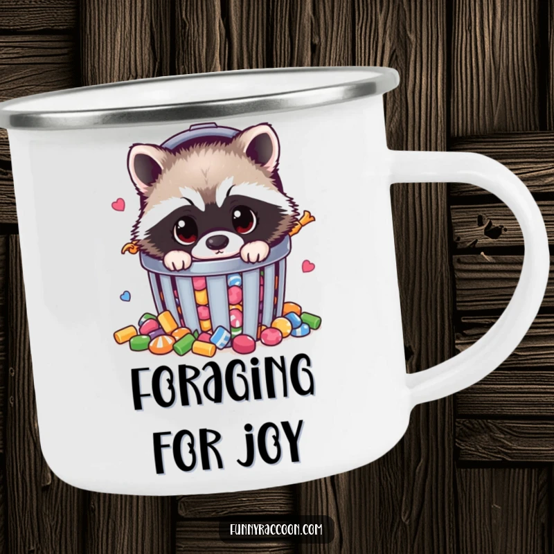 Funny raccoon camping mug showing a fluffy raccoon peeking from a candy-filled trash can, ideal for outdoor use.