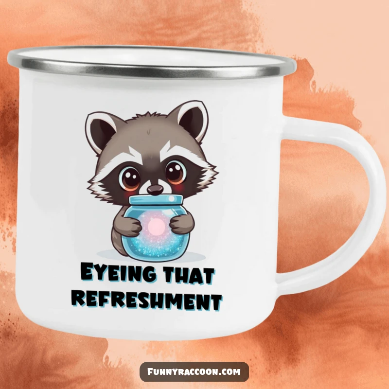 Funny raccoon camping mug featuring a curious raccoon peering into a sparkling jar in nature.