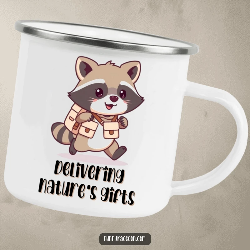 Funny kawaii raccoon camping mug featuring a happy raccoon mail carrier ready for outdoor fun.
