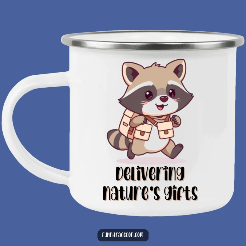 Funny Kawaii Raccoon Camping Mug - Adorable Mail Carrier Style for Adventures