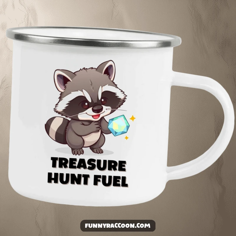 Funny Raccoon Camping Mug: A mischievous raccoon grins, trying to steal a sparkling gem, embodying outdoor fun.