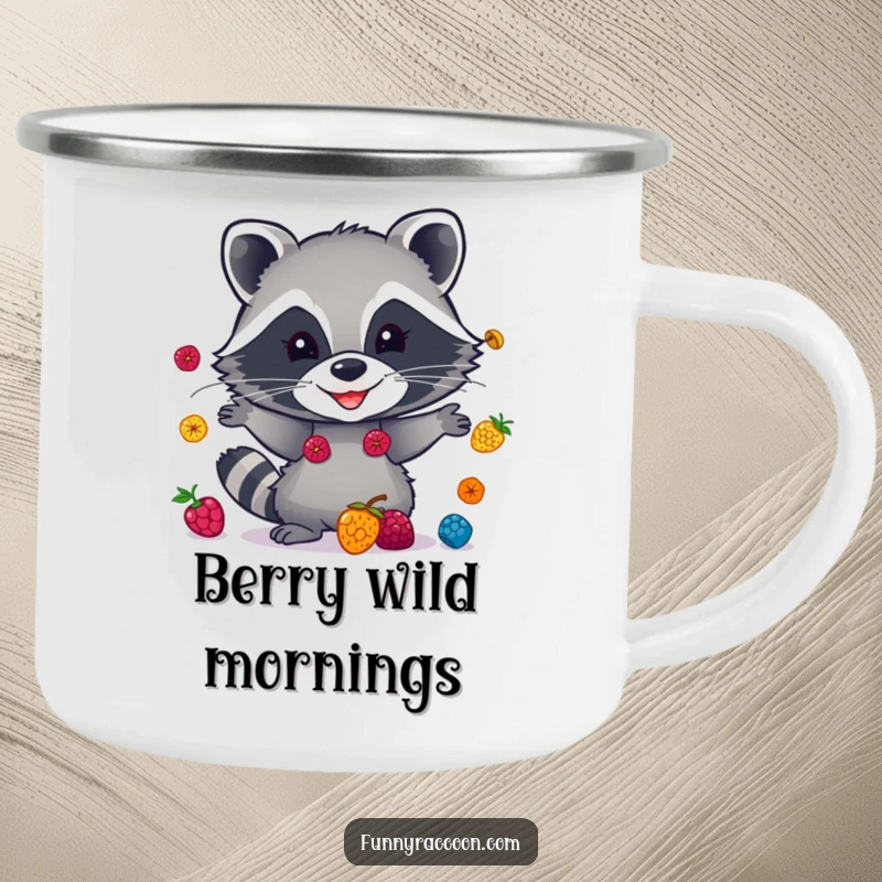 Funny raccoon camping mug, a grinning masked creature juggling colorful berries, durable and humorous for outdoor use.