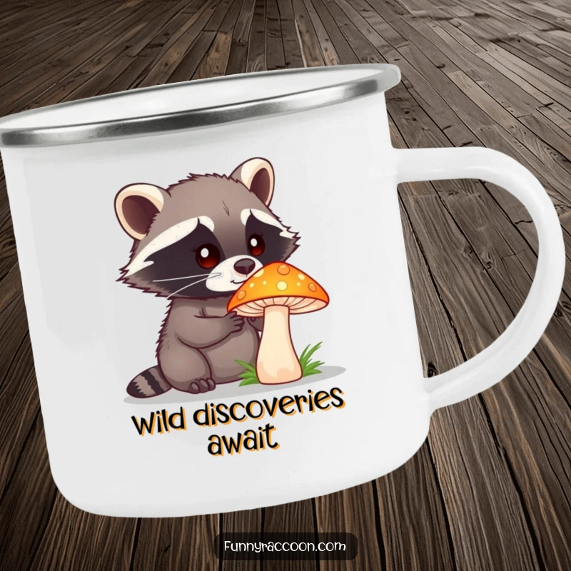 Funny raccoon with a curious expression is featured on a camping mug, examining a brightly colored mushroom in a forest setting.