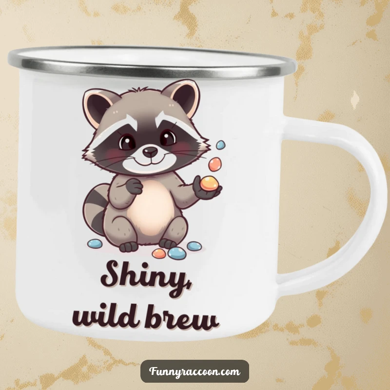 Funny camping mug showcasing a cute raccoon demonstrating its juggling skills with shiny pebbles, perfect for outdoor enthusiasts.