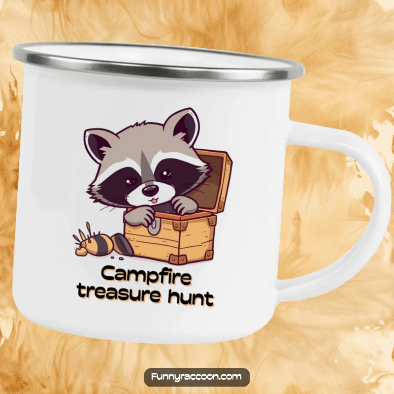 Funny raccoon camping mug featuring a masked raccoon digging excitedly into a treasure chest.