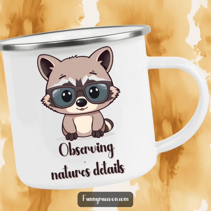 Funny raccoon comically wearing oversized glasses is featured on a camping mug, looking studious and ready for adventure.