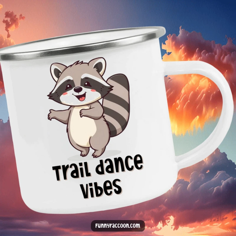 Funny raccoon camping mug, bushy tail curled, performing a happy dance, durable and humorous for outdoor enthusiasts.