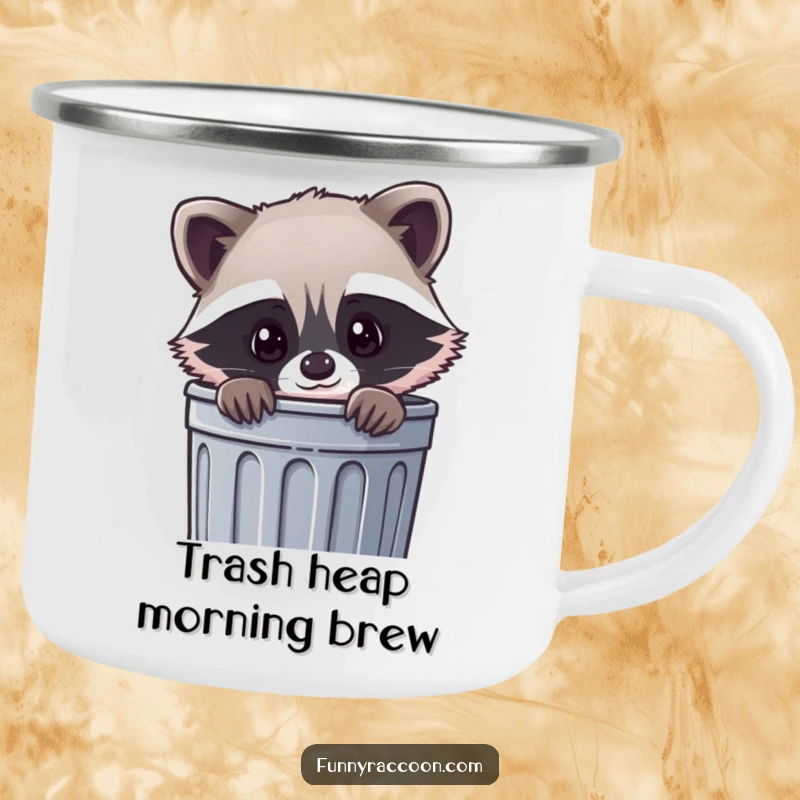 Funny kawaii raccoon camping mug, a cute raccoon peeking curiously out of a trash can, designed for outdoor charm.