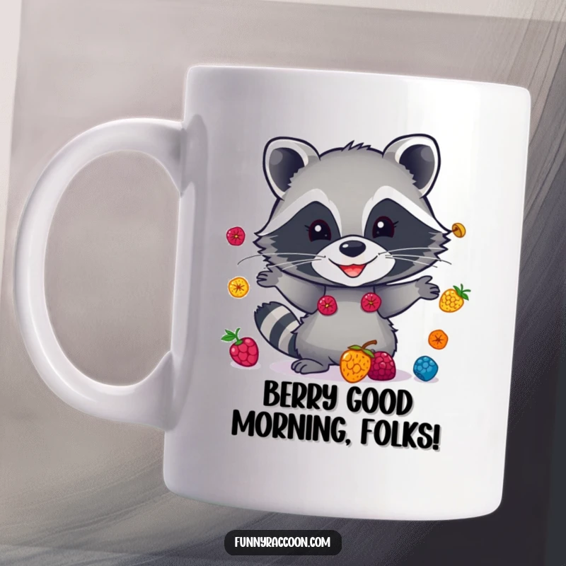Funny raccoon mug, a mischievous grin, juggling bright berries with playful paws, woodland creature, humorous and cheerful.