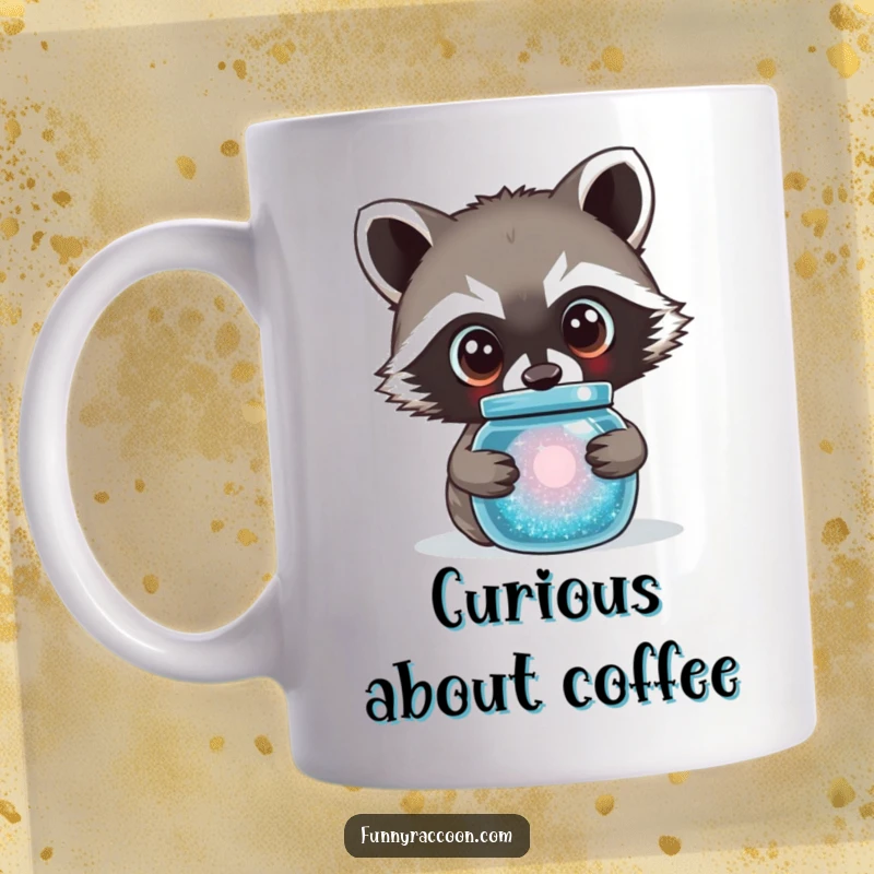 Funny raccoon mug featuring a cute raccoon with large, curious eyes peering into a sparkling jar.