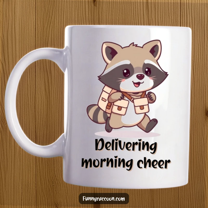 Funny kawaii raccoon mug with a tiny mail carrier satchel, scampering happily, holding a letter.