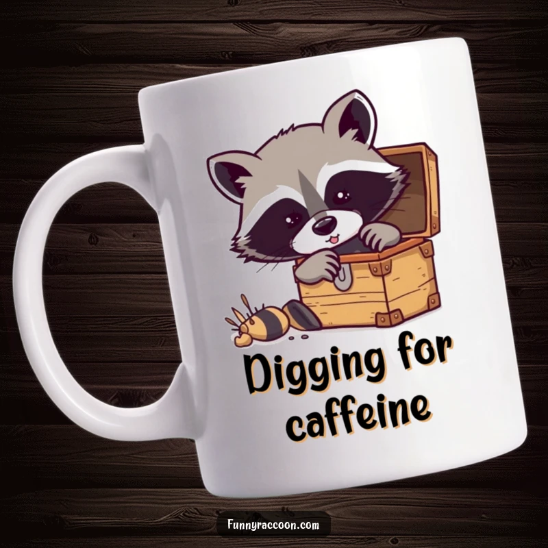 Funny raccoon mug featuring a masked raccoon digging excitedly into a treasure chest full of gold.