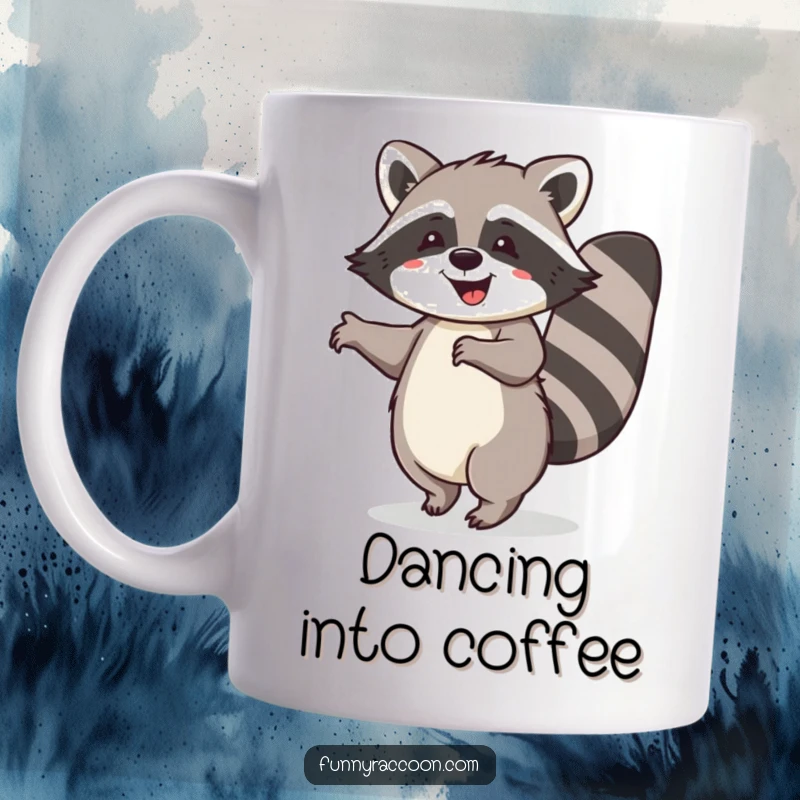 Funny raccoon mug, joyful expression, bushy tail curled, doing a happy dance, cute and comical woodland creature, infectious happiness.