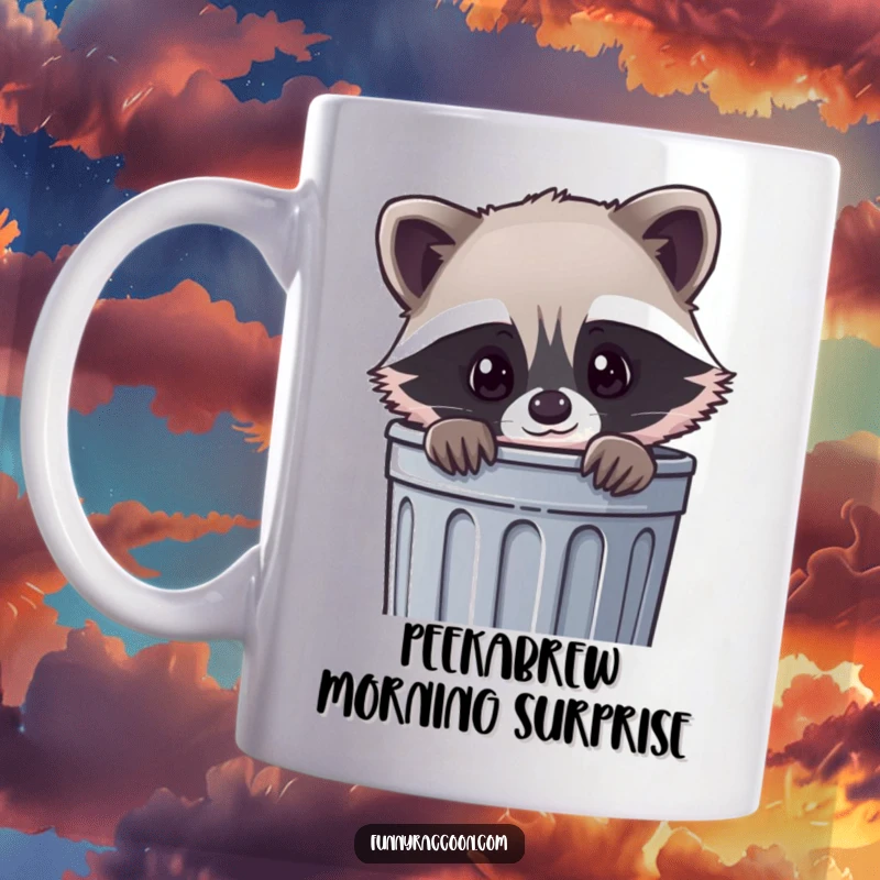 Funny kawaii raccoon mug, a cute raccoon peeking curiously out of a trash can, radiating playful mischief.