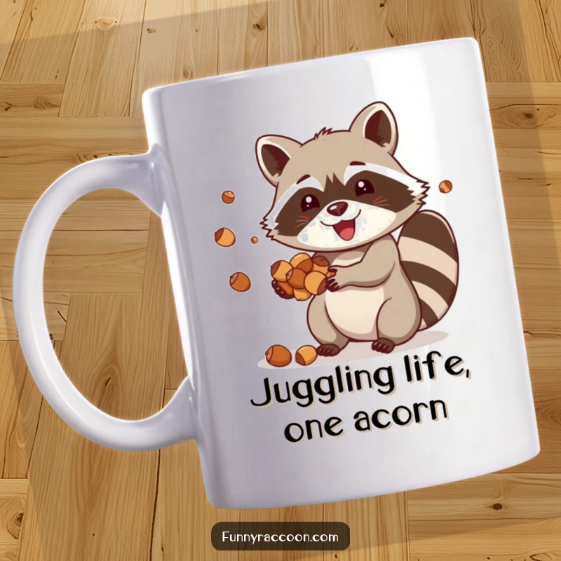 Funny raccoon mug, a happy raccoon joyfully juggling acorns, radiating skill and playful energy.