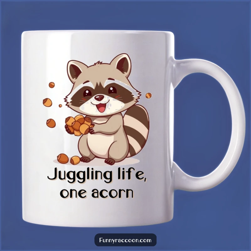 Funny Raccoon Acorn Juggling Mug: Delightful Critter's Skill for a Hilarious Gift