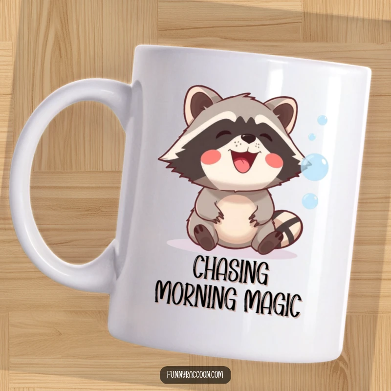 Funny raccoon with a wide, playful grin attempting to catch floating bubbles, conveying pure, lighthearted fun.