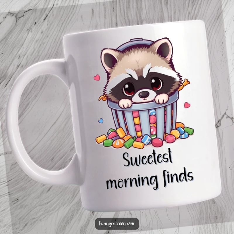 Funny raccoon mug featuring a fluffy raccoon peeking from a candy-filled trash can, a humorous and sweet collector's item.