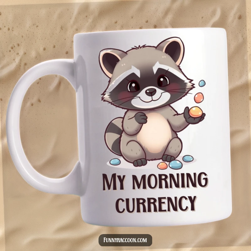 Funny mug showcasing a cute raccoon artistically juggling shiny pebbles with skilled paws, radiating playful energy and charm.