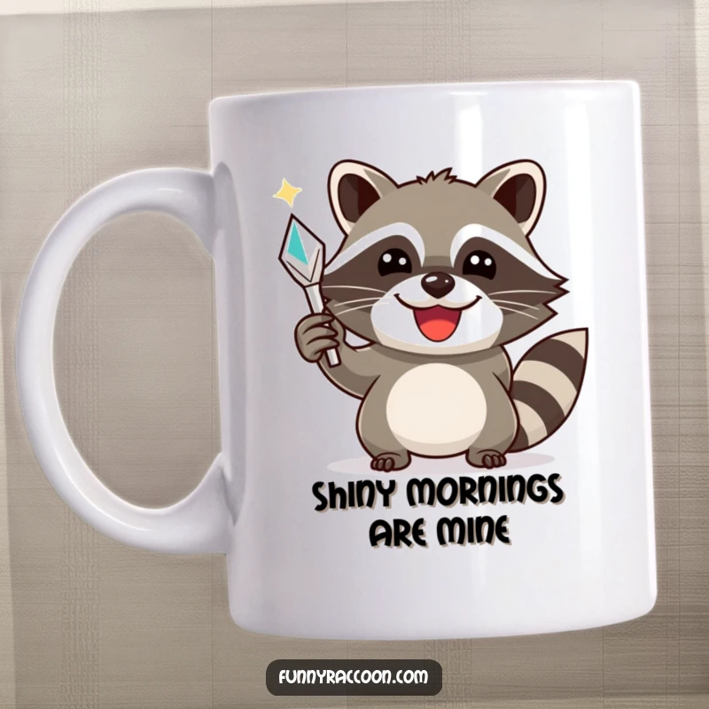 Funny raccoon mug, a smiling raccoon triumphantly holding a shiny object, radiating pure success and mischief.