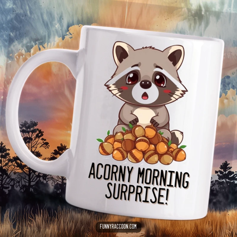 Funny raccoon mug, wide-eyed surprise, dropping a pile of acorns, tiny ears perked, comical woodland creature, humorous reaction.