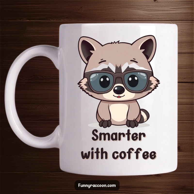 Funny raccoon comically wearing oversized, thick-rimmed glasses that are too big for its face, looking studious yet silly.