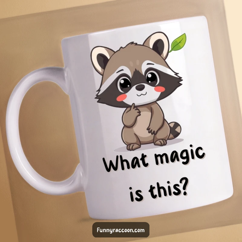 Funny Raccoon Mug: A raccoon with wide, astonished eyes points excitedly at a single leaf floating gently, capturing pure wonder.