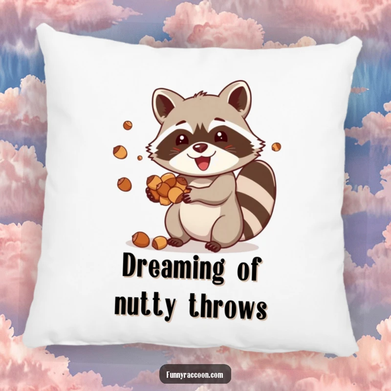 Funny raccoon pillow, a happy raccoon joyfully juggling acorns, perfect for humorous and cozy decor.