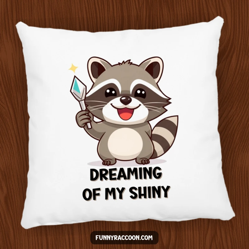 Funny raccoon pillow, a happy raccoon triumphantly holding a shiny object, perfect for humorous and cozy decor.