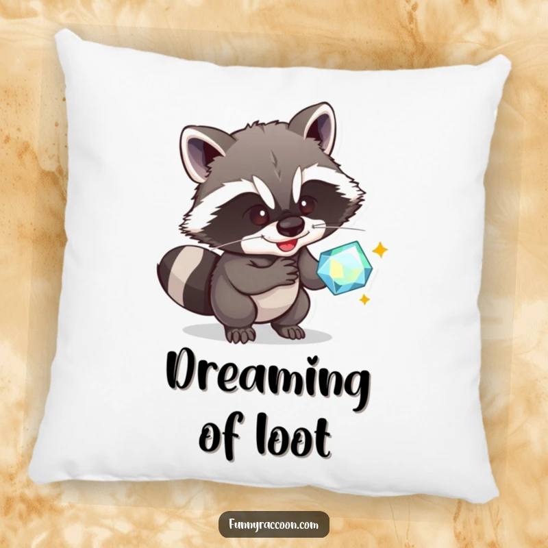 Funny Raccoon Pillow: A cute raccoon smirks with a mischievous grin, attempting to steal a sparkling gem, adding humor to decor.